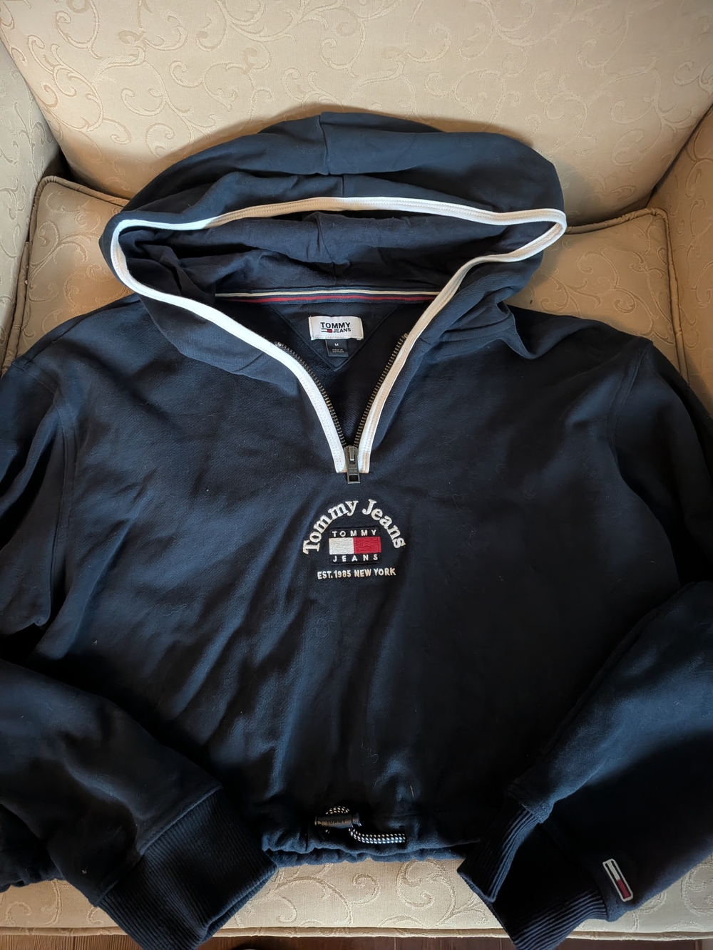 Tommy Hilfiger Navy Zip-Up Hoodie with White Trim (Cropped)
